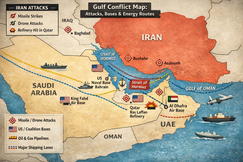 Gulf conflict map: key locations and routes