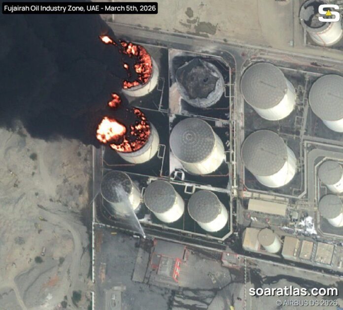 Satellite imagery shows a large fire at Fujairah Oil Industry Zone, UAE, after an Iranian strike yesterday.
