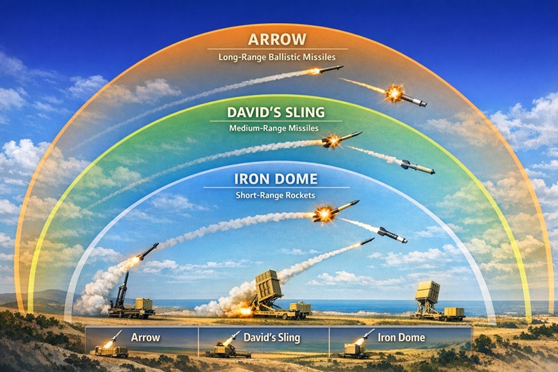 layered missile defense diagram (Iron Dome → David’s Sling → Arrow)