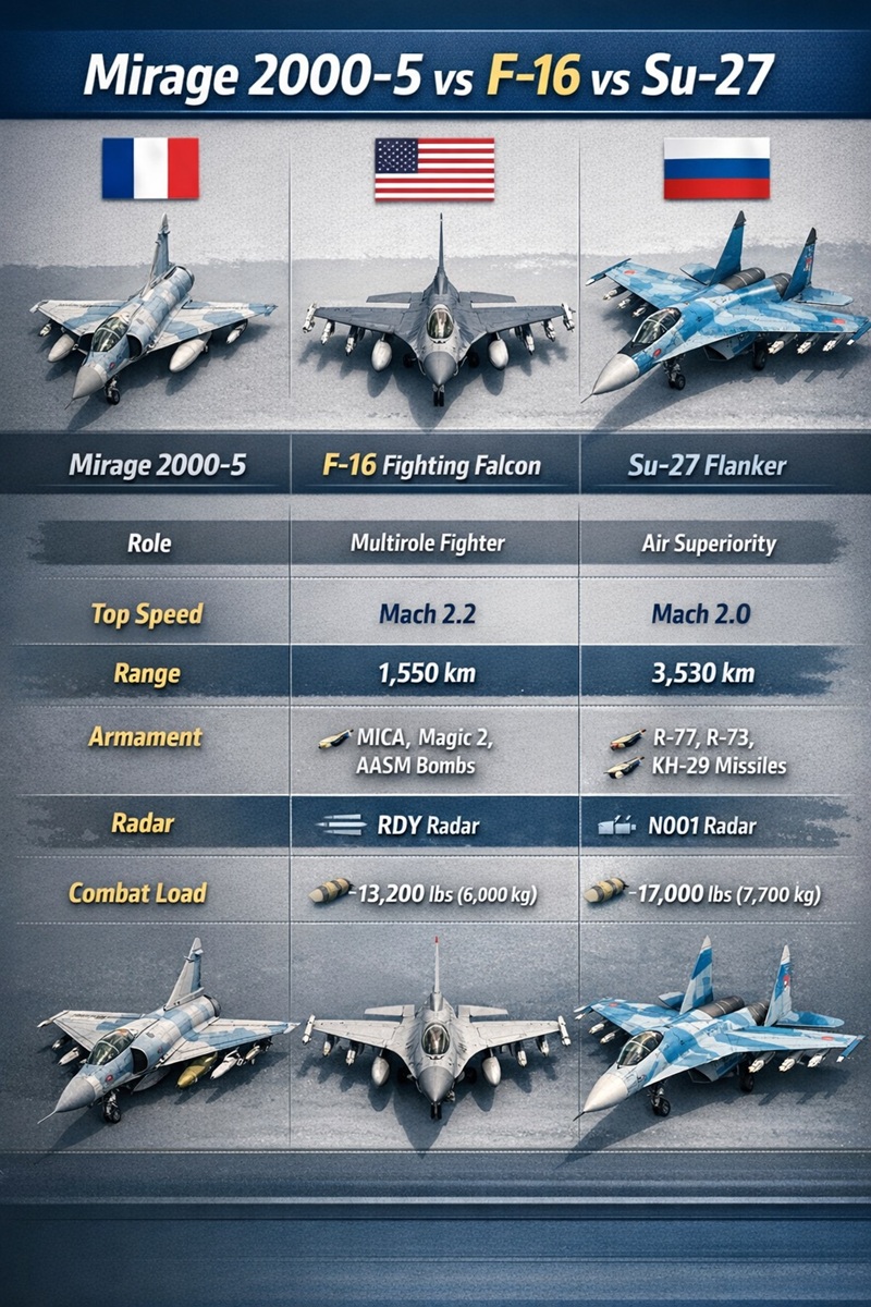 Jet comparison: Mirage 2000-5, F-16, Su-27