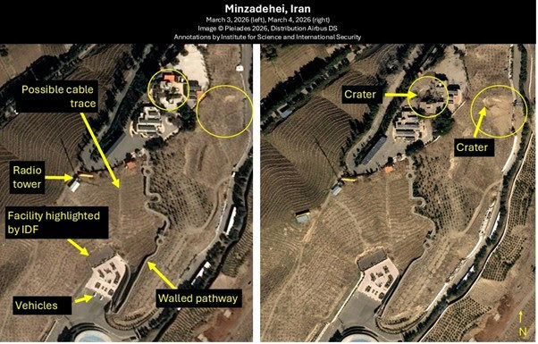 Israel attacked what it called the Minzadehei nuclear weapons development compound northeast of Tehran on March 3, 2026. Imagery from March 4, 2026
