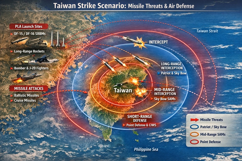 Strike scenario map (China missile paths vs interception zones)