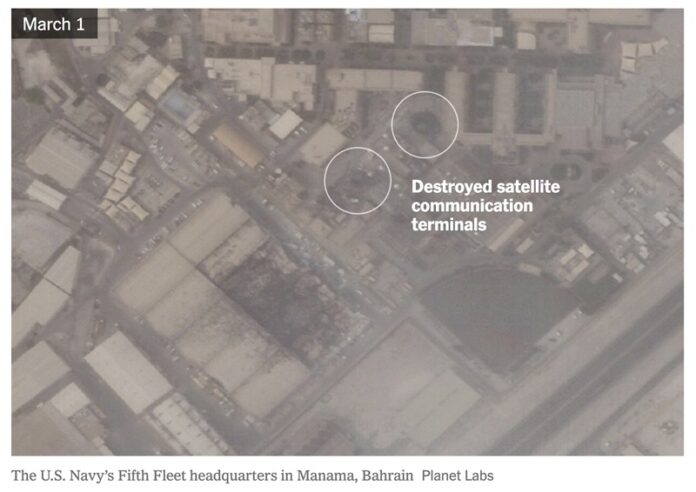 US base in Manama Satellite imagery shows two AN/GSC-52B SATCOM terminals at the US Navy's 5th Fleet HQ in Bahrain were destroyed