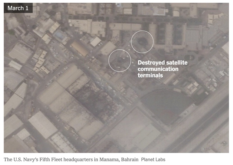 US base in Manama Satellite imagery shows two AN/GSC-52B SATCOM terminals at the US Navy's 5th Fleet HQ in Bahrain were destroyed