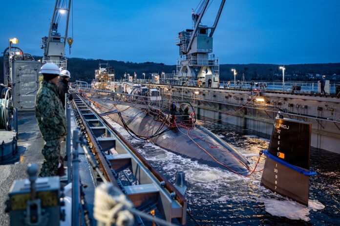 The Los Angeles-class attack submarine USS Albany (SSN 753) undocked from the floating dry dock, Auxiliary Repair Dry Dock (RDM 4) at Submarine Base New London in Groton, Conn