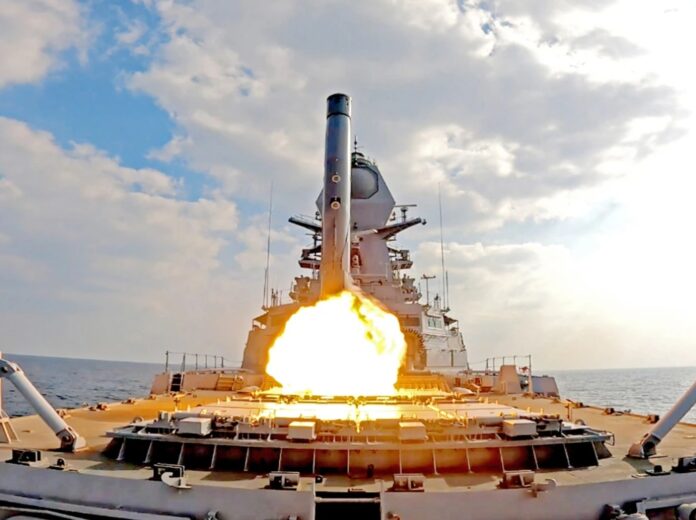 Indian warship launching BrahMos missile