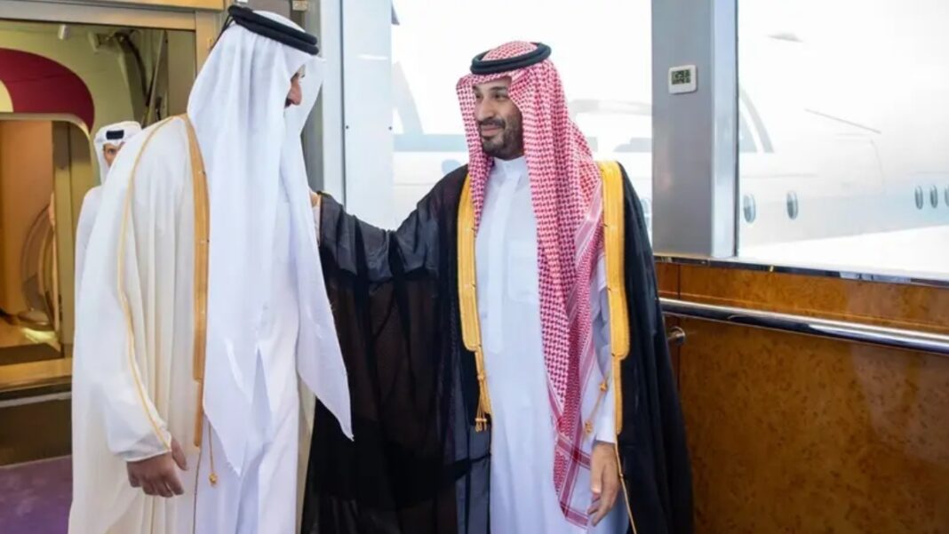 Saudi Arabia's Crown Prince Mohammed bin Salman welcome Qatar’s Emir Sheikh Tamim bin Hamad Al Thani who is among GCC leaders attending an extraordinary session in Jeddah.