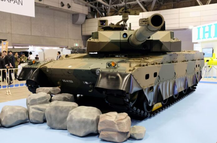A Japanese Ground Self-Defense Force Type 10 tank is displayed at a defence equipment fair called 'DSEI Japan' in Chiba, east of Tokyo, Japan.