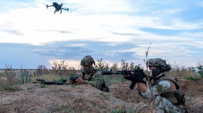 Ukraine drone force members operating during war