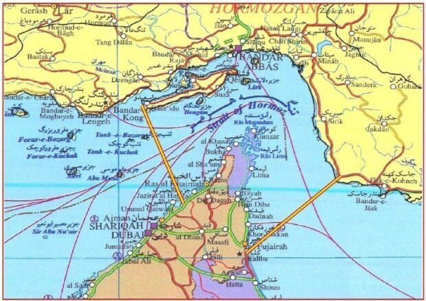 Map of the Strait of Hormuz highlighting China's strategic concerns over Iran and Middle East energy supplies