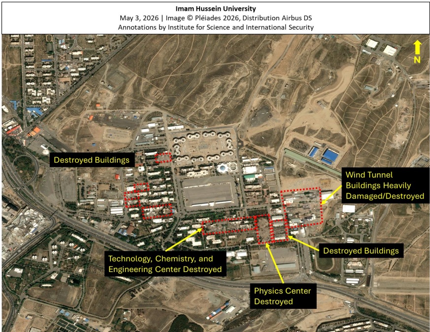 Overview of visible damage at the Imam Hussein University, which was attacked multiple times because of its ties to the IRGC. 