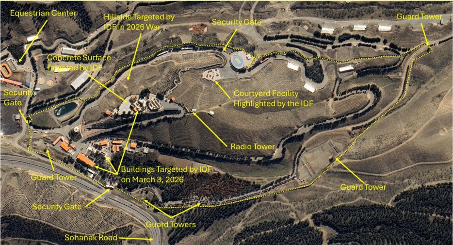 An overview of the Min-Zadayi complex, Iran's Nuclear weapons site, highlighting the security perimeter and its proximity to civilian recreational facilities.