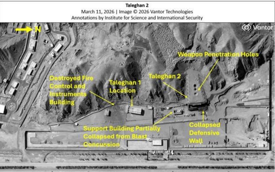 A Vantor satellite image provided to the Institute showed the attack on the Taleghan 2 facility and surrounding buildings.