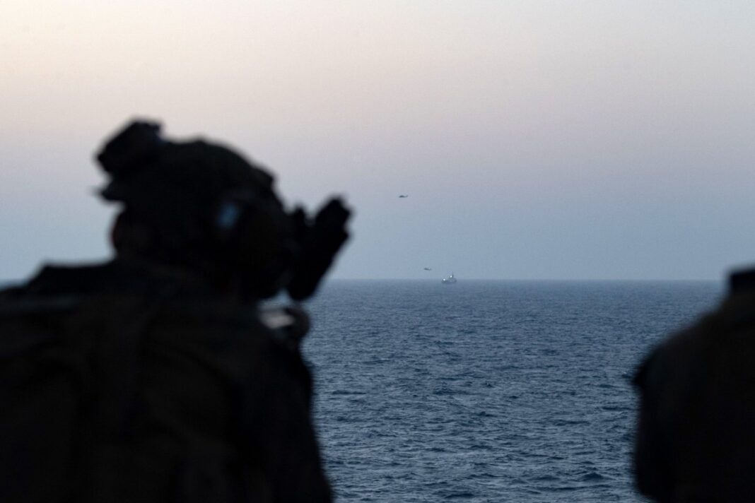 U.S. Marines aboard USS New Orleans (LPD 18) stand watch in the Arabian Sea during naval blockade operations against Iran. U.S. Central Command (CENTCOM) forces have launched Project Freedom, May 4, to restore freedom of navigation for commercial shipping through the Strait of Hormuz.