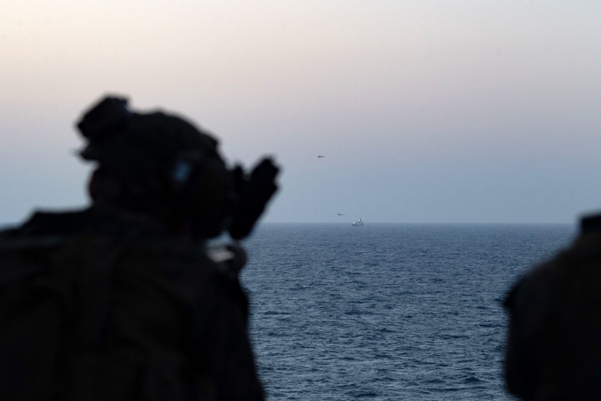 U.S. Marines aboard USS New Orleans (LPD 18) stand watch in the Arabian Sea during naval blockade operations against Iran. U.S. Central Command (CENTCOM) forces have launched Project Freedom, May 4, to restore freedom of navigation for commercial shipping through the Strait of Hormuz.