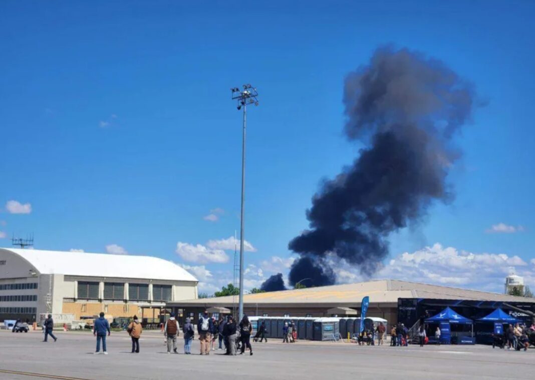 Rescue crews responded to a crash during the Gunfighter Skies air show at Idaho's Mountain Home Air Force Base on Sunday, May 17, 2026. An announcer told the crowd that all four Navy pilots were found safe.