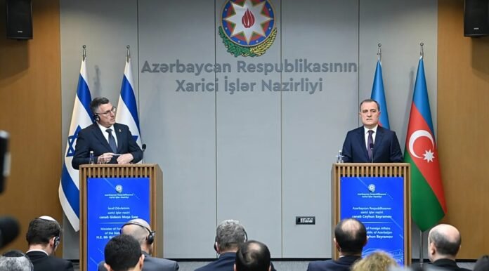 Azerbaijani Foreign Minister Jeyhun Bayramov and Israeli Foreign Minister Gideon Saar Azerbaijani Foreign Minister Jeyhun Bayramov, right, and Israeli Foreign Minister Gideon Saar hold a joint press conference after their meeting in Baku, Azerbaijan on January 26.