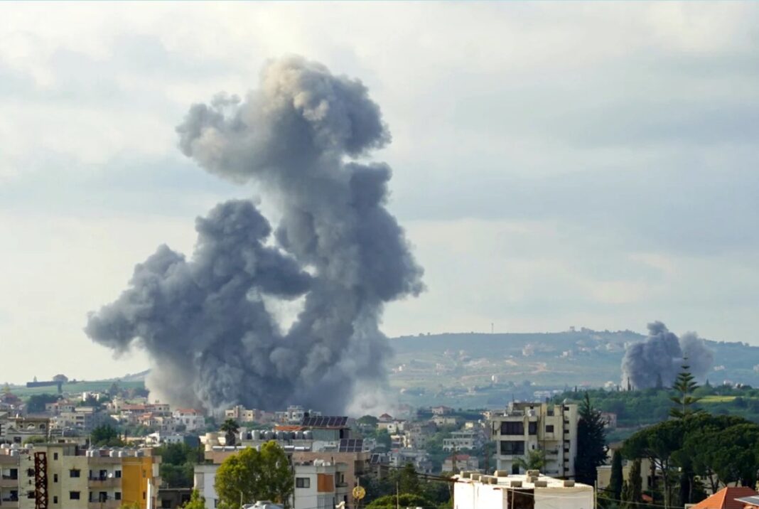 Smoke rises from the site of Israeli airstrikes that targeted the southern Lebanese village of Habbouch on May 1.