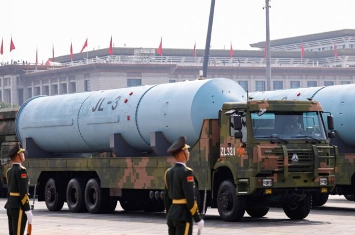 JL-3 intercontinental-range submarine-launched ballistic missiles are displayed during a military parade to mark the 80th anniversary of the end of World War II, in Beijing last September.