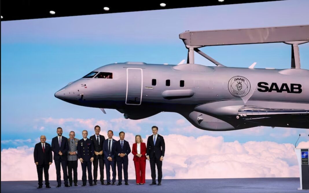 Sweden's Prime Minister Ulf Kristersson and NATO Secretary General Mark Rutte pose for a group photo during the High Level Defence announcements at the NATO Summit Defence Industry Forum, on the sidelines of the NATO leaders' Summit, in Ankara, Turkey, July 7, 2026.