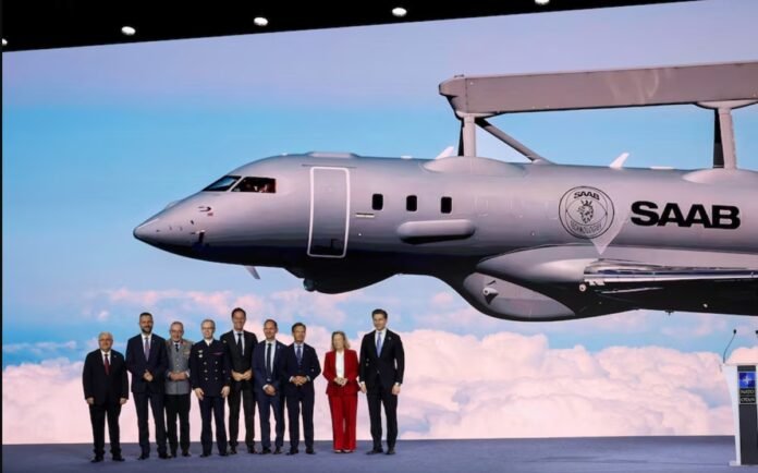 Sweden's Prime Minister Ulf Kristersson and NATO Secretary General Mark Rutte pose for a group photo during the High Level Defence announcements at the NATO Summit Defence Industry Forum, on the sidelines of the NATO leaders' Summit, in Ankara, Turkey, July 7, 2026.