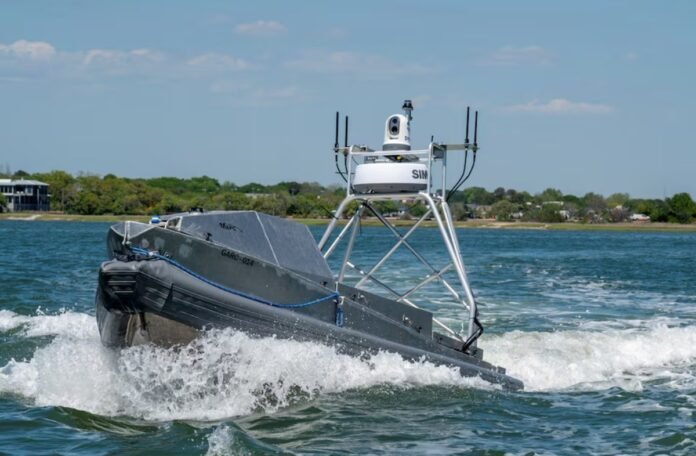 A U.S. Navy Global Autonomous Reconnaissance Craft (GARC) assigned to Naval Information Warfare Center Atlantic, manoeuvres during Exercise Southern Lightning in Charleston, South Carolina, U.S. April 17, 2025.