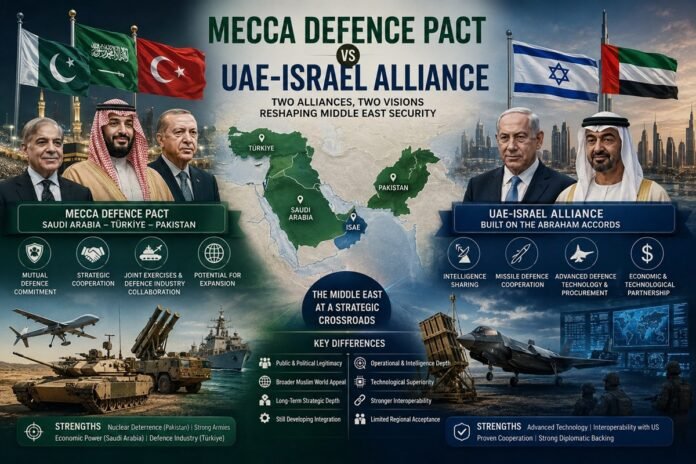 Leaders of Saudi Arabia, Türkiye and Pakistan alongside regional security map illustrating the Mecca Defence Pact and comparison with the UAE-Israel strategic partnership.