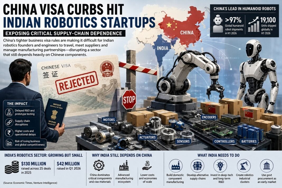 Chinese humanoid robots and Indian robotics startups facing supply-chain and visa challenges amid growing technology competition.