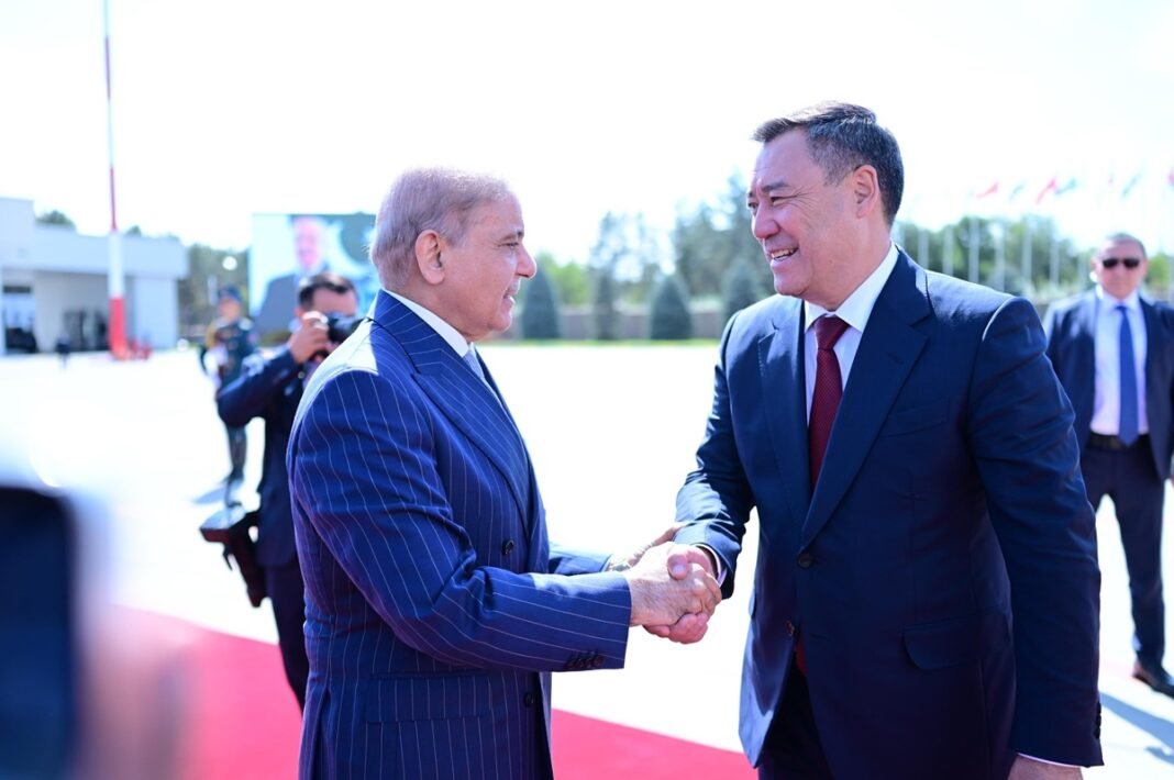 President of the Kyrgyz Republic Sadyr Nurgozhoevich Japarov seeing off Prime Minister Muhammad Shehbaz Sharif upon his departure from Bishkek, Kyrgyzstan.