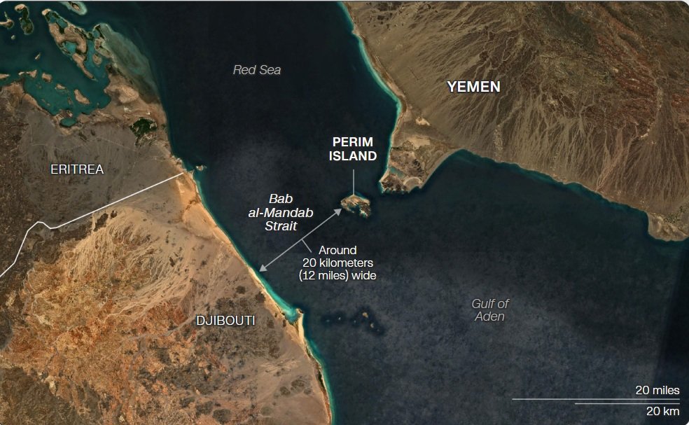 Perim Island sits at the centre of the Bab al-Mandab Strait, where the Houthis are now advancing after capturing Yemen's Red Sea port of Mocha.