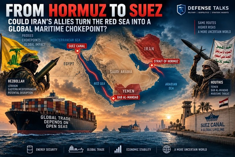 Could a wider Iran-Yemen war threaten the Suez route? A Defense Talks analysis examines Hormuz, Bab al-Mandab, the Houthis, Hezbollah and global shipping.