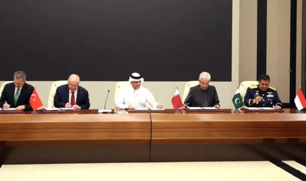 Pakistan, Turkey, Qatar and Indonesia sign the Badr defence-industry cooperation memorandum in Doha.